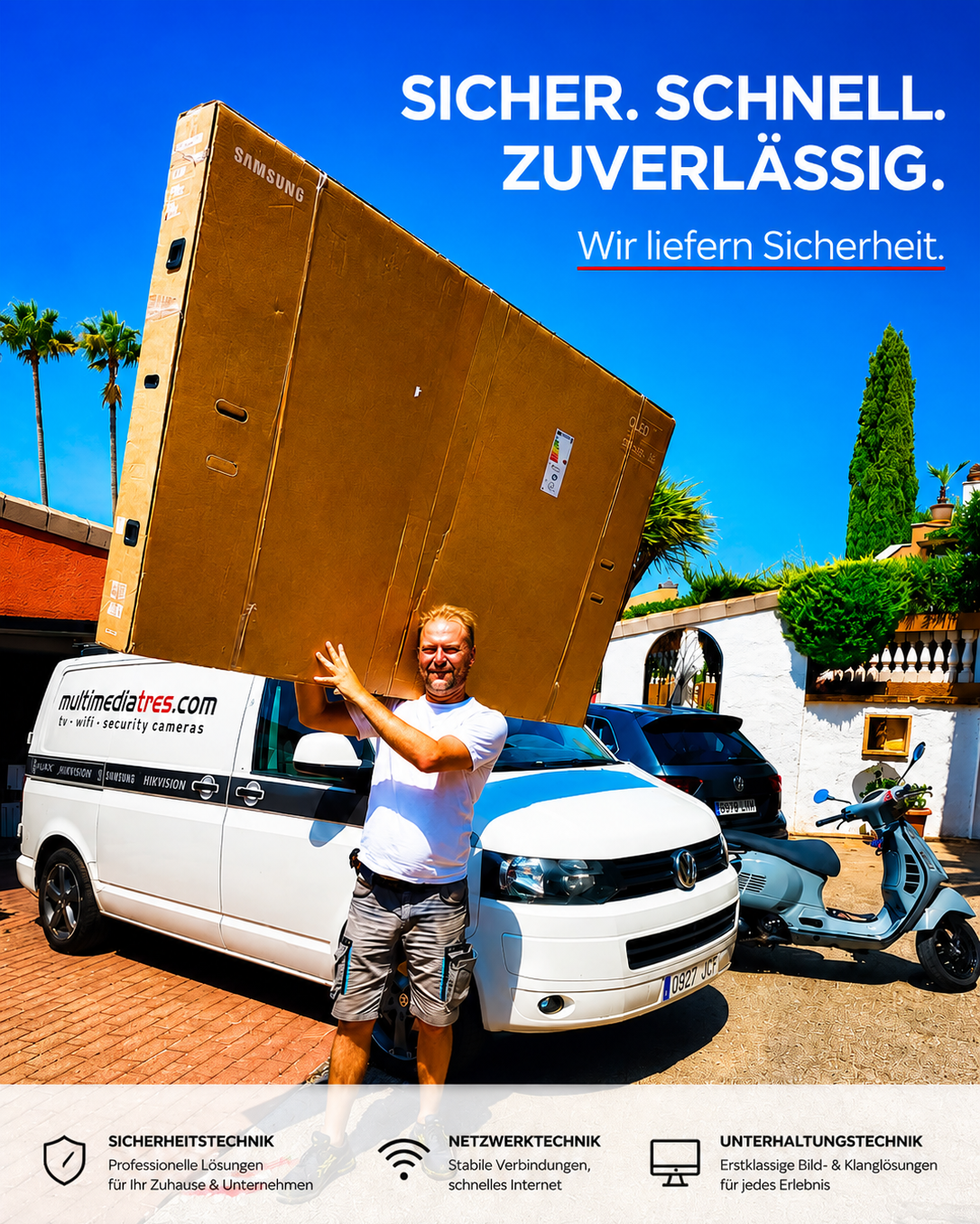 MultimediaTres liefert und installiert Samsung Fernseher sowie Multimedia-, Netzwerk- und Sicherheitstechnik direkt auf Mallorca.