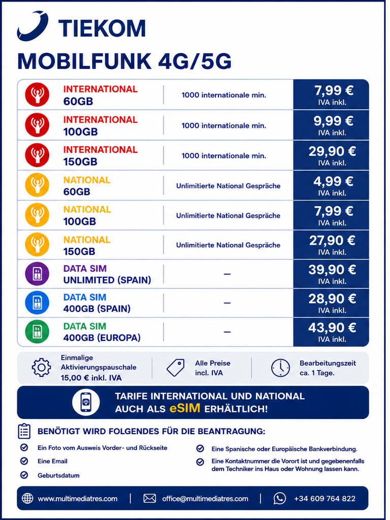 TIEKOM Mobilfunktarife auf Mallorca – 4G/5G SIM-Karten, eSIM, Daten-SIM und internationale Tarife in Spanien. TIEKOM Mobilfunktarife auf Mallorca – 4G/5G SIM-Karten, eSIM, Daten-SIM und internationale Tarife in Spanien.